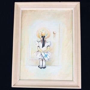 Original 1955 Framed Oil Painting Little Girl Goes to Birthday Party Nursery